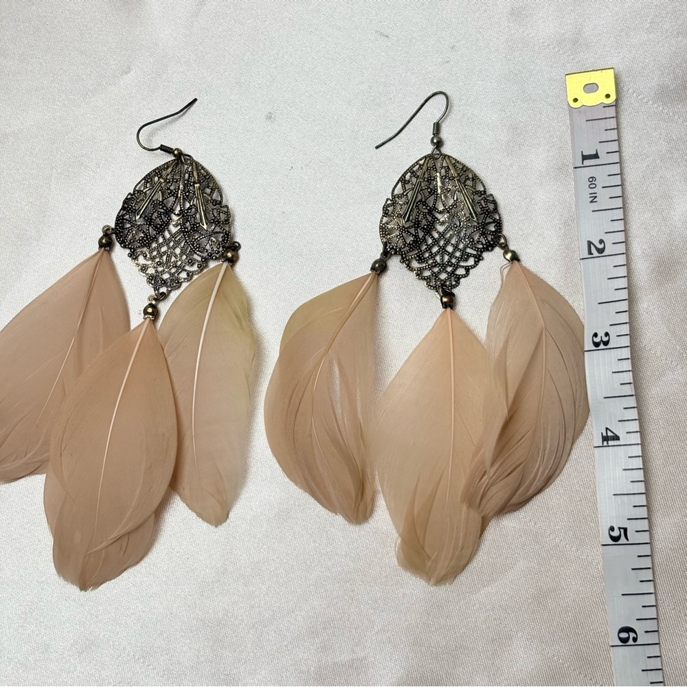 Beige Feather Statement Earrings- Boho/Festival/C… - image 6